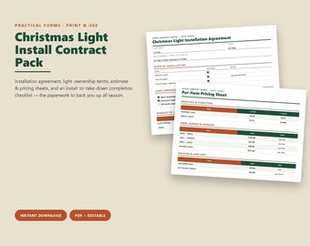 Paquete de contrato para la instalación de luces navideñas, acuerdo de servicio, lista de precios (PDF)