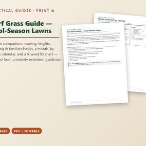 May include: A digital Turf Grass Guide for cool-season lawns, featuring 11 pages of printable and editable PDF content. The guide includes species comparison, mowing heights, watering and fertilizer basics, a month-by-month calendar, and a 9-weed ID chart.
