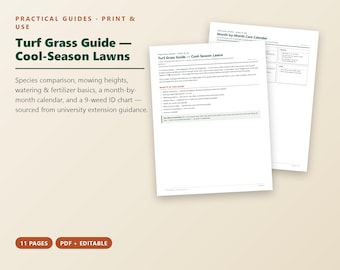 Cool Season Lawn Care Guide, Turf Grass Species Comparison, Mowing & Fertilizing Calendar, Weed ID Chart, Printable PDF