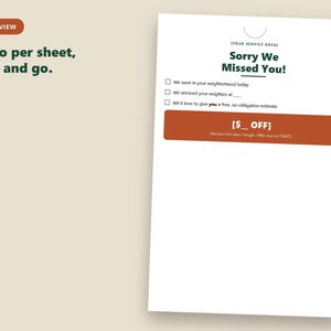 May include: A white door hanger template with dark green text reading Sorry We Missed You! and a rust-colored rectangular box containing the text [$ OFF]. The template includes checkboxes for service details and a space for your service area.