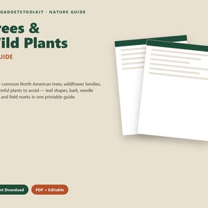 以下が含まれることがあります： Trees & Wild Plantsというタイトルのデジタル識別ガイド。サブタイトルはID GUIDE。VICKSGADGETSTOOLKIT NATURE GUIDEというテキストと、北米の樹木や植物を識別するための説明が含まれています。濃い緑色のヘッダーが付いた2枚の白いシートと、Instant DownloadおよびPDF + Editableと書かれたボタンが表示されています。