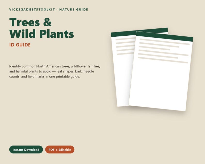 以下が含まれることがあります： Trees & Wild Plantsというタイトルのデジタル識別ガイド。サブタイトルはID GUIDE。VICKSGADGETSTOOLKIT NATURE GUIDEというテキストと、北米の樹木や植物を識別するための説明が含まれています。濃い緑色のヘッダーが付いた2枚の白いシートと、Instant DownloadおよびPDF + Editableと書かれたボタンが表示されています。
