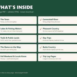 May include: A dark green informational graphic titled WHAT'S INSIDE, listing 18-page PDF and editable HTML contents. It features ten white rectangular boxes with red checkmarks, detailing sections like The Town, Cannonball River, and Trip Log Pages.
