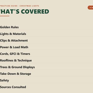 Pode incluir: Um guia de 11 p&aacute;ginas com as melhores pr&aacute;ticas para luzes de Natal intitulado WHAT'S COVERED. A lista inclui Golden Rules, Lights & Materials, Clips & Attachment, Power & Load Math, Cords, GFCI & Timers, Rooflines & Technique, Trees & Ground Displays, Take-Down & Storage, Safety e Sources Consulted.