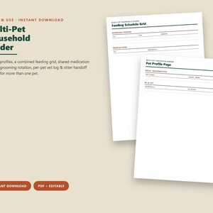 May include: A Multi-Pet Household Binder digital document set featuring a Feeding Schedule Grid and a Pet Profile Page. The pages include sections for pet names, medication tracking, and vet information with dark green and red text headers.