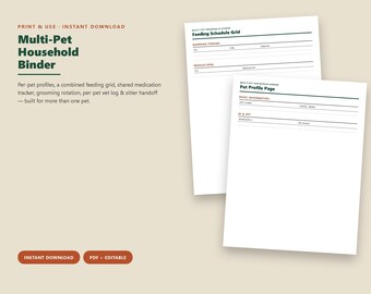 Raccoglitore per la gestione di più animali domestici, profili degli animali, tabella di alimentazione, registro dei farmaci (PDF)