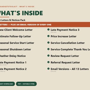 K&ouml;nnte beinhalten: Ein digitales Dokument mit dem Titel VICKSGADGETSTOOLKIT - WHAT'S INSIDE, das ein Paket mit Kundenbriefen und Hinweisen mit 13 Vorlagen und E-Mail-Versionen auflistet. Es enth&auml;lt Titel wie New Client Welcome Letter, Late Payment Notices und Service Cancellation Letter.