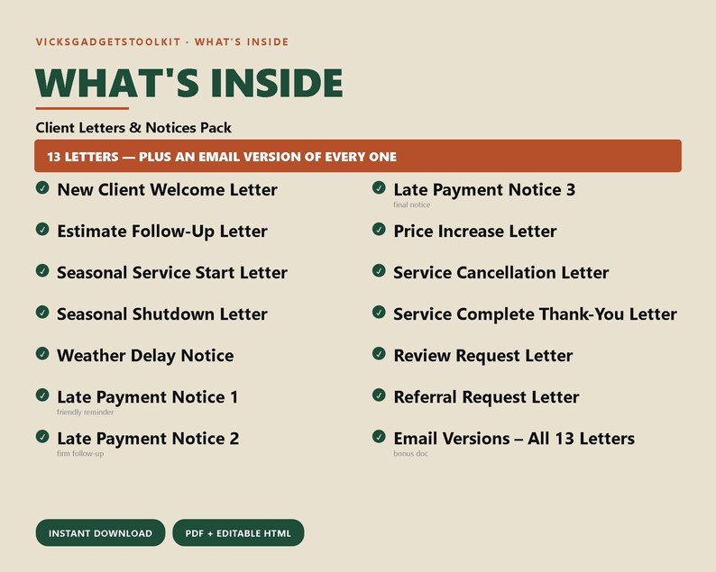 K&ouml;nnte beinhalten: Ein digitales Dokument mit dem Titel VICKSGADGETSTOOLKIT - WHAT'S INSIDE, das ein Paket mit Kundenbriefen und Hinweisen mit 13 Vorlagen und E-Mail-Versionen auflistet. Es enth&auml;lt Titel wie New Client Welcome Letter, Late Payment Notices und Service Cancellation Letter.