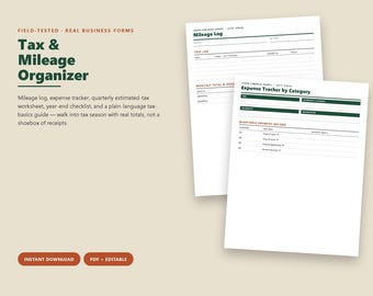 Tax and Mileage Organizer, Mileage Log, Expense Tracker, Quarterly Estimated Tax Worksheet, Self Employed Small Business Printable PDF