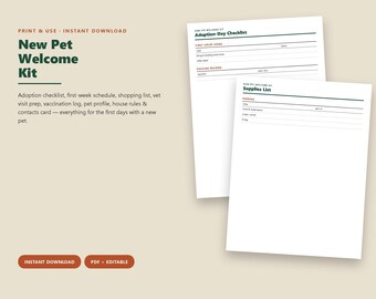 Kit di benvenuto per il nuovo animale domestico, lista di controllo per il giorno dell'adozione, registro delle vaccinazioni, agenda veterinaria (PDF)