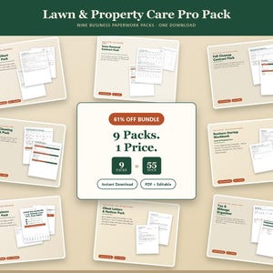 Pu&ograve; includere: Un pacchetto digitale Lawn & Property Care Pro Pack con nove set di documenti aziendali. La grafica centrale mostra 61% OFF BUNDLE, 9 Packs. 1 Price. 9 Packs = 55 Docs, Instant Download e PDF + Editable su uno sfondo beige.