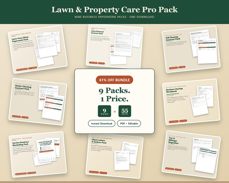 Pu&ograve; includere: Un pacchetto digitale Lawn & Property Care Pro Pack con nove set di documenti aziendali. La grafica centrale mostra 61% OFF BUNDLE, 9 Packs. 1 Price. 9 Packs = 55 Docs, Instant Download e PDF + Editable su uno sfondo beige.