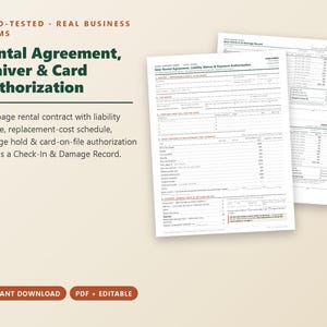 May include: A two-page rental agreement, waiver, and card authorization form with a check-in and damage record. The document features sections for liability release, replacement-cost schedules, and card-on-file authorization in black text.