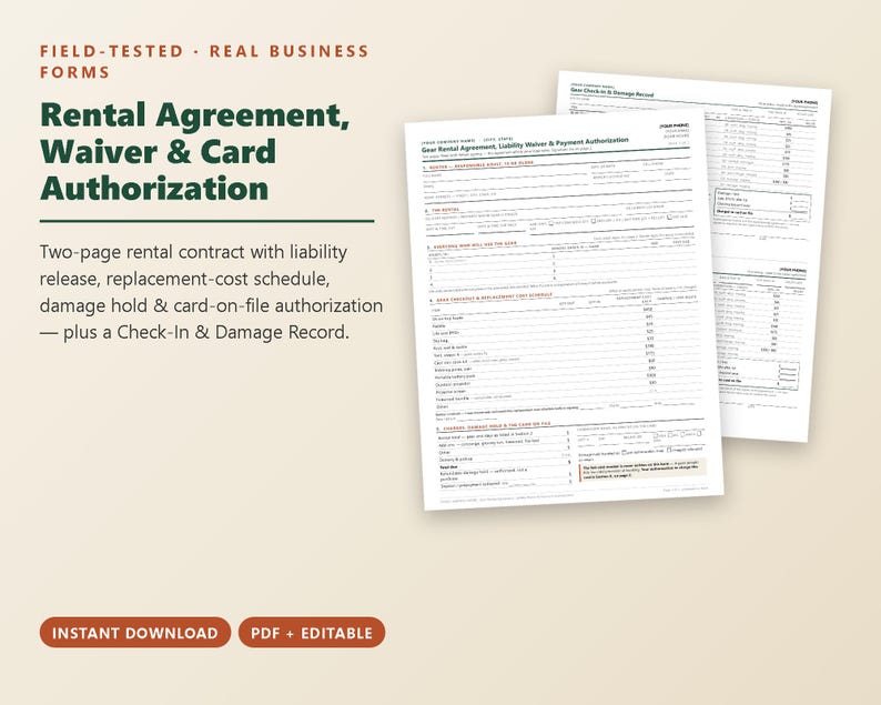 May include: A two-page rental agreement, waiver, and card authorization form with a check-in and damage record. The document features sections for liability release, replacement-cost schedules, and card-on-file authorization in black text.