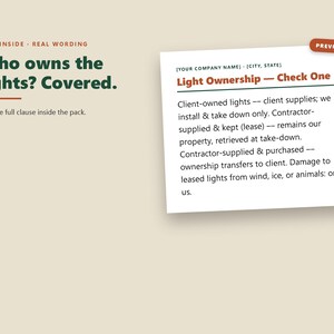 May include: A document preview card with a beige background featuring the text Who owns the lights? Covered. The card displays a Light Ownership section with three options for client-owned, contractor-supplied leased, and contractor-supplied purchased lights.