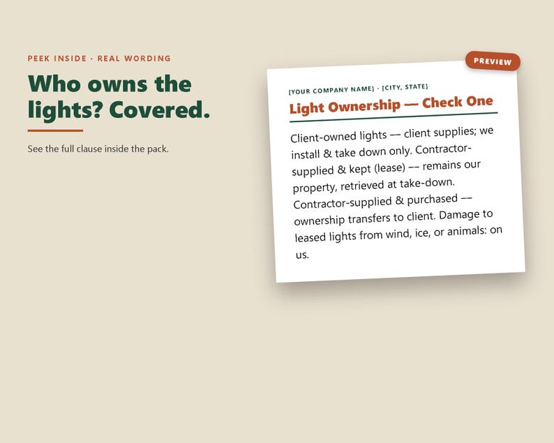 May include: A document preview card with a beige background featuring the text Who owns the lights? Covered. The card displays a Light Ownership section with three options for client-owned, contractor-supplied leased, and contractor-supplied purchased lights.
