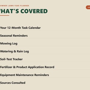 Op de afbeelding: Een beige digitale plannerpagina getiteld Homeowner Lawn Year Planner met de kop What's Covered. Het bevat 9 pagina's met inhoud, waaronder een takenkalender voor 12 maanden, seizoensgebonden herinneringen, een maailogboek, een bewaterings- en regenlogboek, een bodemtesttracker, een logboek voor meststoffen en producttoepassingen, herinneringen voor onderhoud van apparatuur en geraadpleegde bronnen.