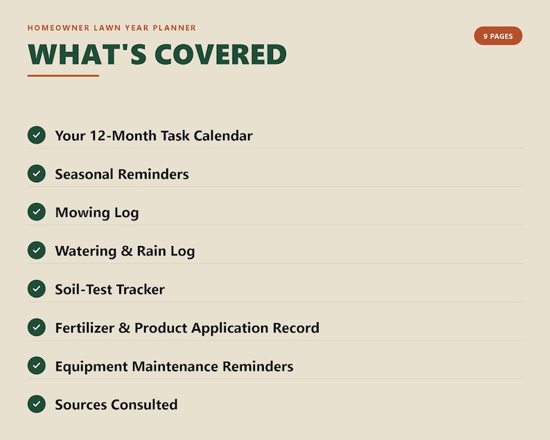 Op de afbeelding: Een beige digitale plannerpagina getiteld Homeowner Lawn Year Planner met de kop What's Covered. Het bevat 9 pagina's met inhoud, waaronder een takenkalender voor 12 maanden, seizoensgebonden herinneringen, een maailogboek, een bewaterings- en regenlogboek, een bodemtesttracker, een logboek voor meststoffen en producttoepassingen, herinneringen voor onderhoud van apparatuur en geraadpleegde bronnen.