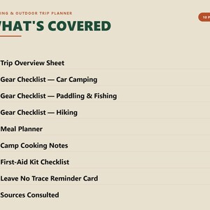 Puede incluir: Un documento de planificaci&oacute;n de viajes de camping y aire libre en color beige con 10 p&aacute;ginas. El texto dice: What's Covered, Trip Overview Sheet, Gear Checklist for Car Camping, Paddling and Fishing, Hiking, Meal Planner, Camp Cooking Notes, First-Aid Kit Checklist, Leave No Trace Reminder Card y Sources Consulted.