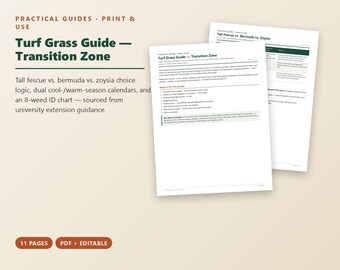 Guide för gräsmattor i övergångszoner, svingel vs. Bermuda vs. Zoysia, klipp- och gödslingskalender, ogräsidentifieringsdiagram, utskrivbar PDF