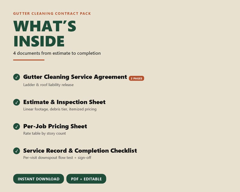 Gutter Cleaning Service Contract Template, Estimate Inspection Pricing Sheet, Completion Checklist, Editable Printable PDF image 2