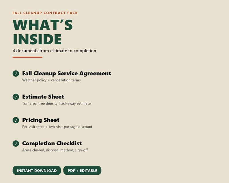 May include: A digital document set titled Fall Cleanup Contract Pack What's Inside, featuring four items: Fall Cleanup Service Agreement, Estimate Sheet, Pricing Sheet, and Completion Checklist. Includes two green buttons labeled Instant Download and PDF + Editable.