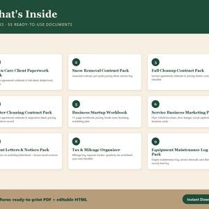 Pu&ograve; includere: Una raccolta di documenti digitali intitolata What's Inside 9 Packs 55 Ready-To-Use Documents. Elenca nove pacchetti aziendali tra cui cura del prato, rimozione neve, pulizia autunnale, pulizia grondaie, avvio attivit&agrave;, marketing, lettere ai clienti e tasse.