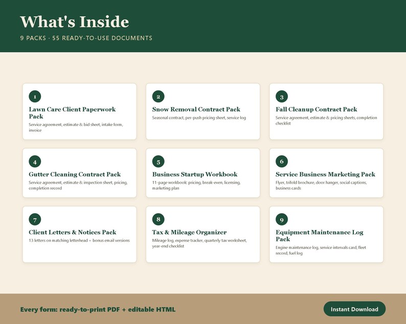 Pu&ograve; includere: Una raccolta di documenti digitali intitolata What's Inside 9 Packs 55 Ready-To-Use Documents. Elenca nove pacchetti aziendali tra cui cura del prato, rimozione neve, pulizia autunnale, pulizia grondaie, avvio attivit&agrave;, marketing, lettere ai clienti e tasse.