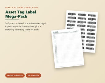 Asset Tag Labels, Tool Inventory Tracking System, Printable Barcode Stickers (PDF + Editable)