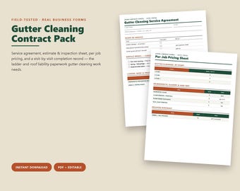 Gutter Cleaning Service Contract Template, Estimate Inspection Pricing Sheet, Completion Checklist, Editable Printable PDF