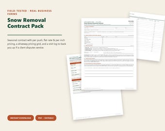 Snow Removal Contract Template, Seasonal Plow Agreement, Per-Push Pricing Sheet, Service Log, Sign Clients Before First Storm, Printable PDF