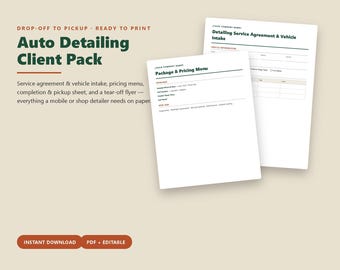 Auto Detailing Client Pack | Vehicle Intake, Condition Report, Pricing Menu, Pickup Sheet, Flyer | Editable PDF Forms