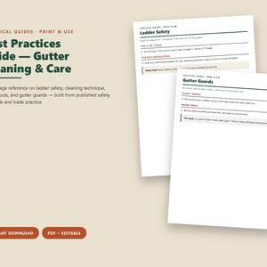 May include: An 11-page digital reference guide titled Best Practices Guide &mdash; Gutter Cleaning & Care. The document includes sections on ladder safety, cleaning techniques, downspouts, and gutter guards, presented as printable PDF pages.