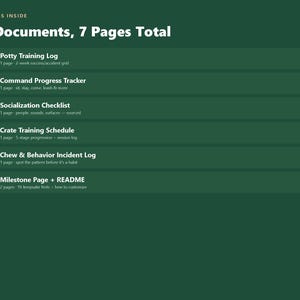 May include: A dark green informational graphic titled WHAT'S INSIDE 6 Documents, 7 Pages Total. It lists six items with checkmarks: Potty Training Log, Command Progress Tracker, Socialization Checklist, Crate Training Schedule, Chew & Behavior Incident Log, and Milestone Page + README.