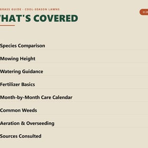 May include: A beige informational document titled Turf Grass Guide: Cool-Season Lawns, What's Covered, 11 Pages. It lists eight topics with green checkmark icons: Species Comparison, Mowing Height, Watering Guidance, Fertilizer Basics, Month-by-Month Care Calendar, Common Weeds, Aeration & Overseeding, and Sources Consulted.