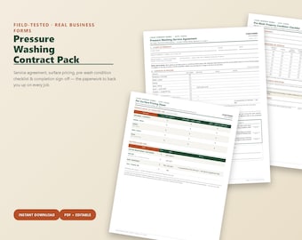Pressure Washing Contract Template, Service Agreement, Estimate & Pricing Sheet, Condition Checklist, Editable Printable PDF