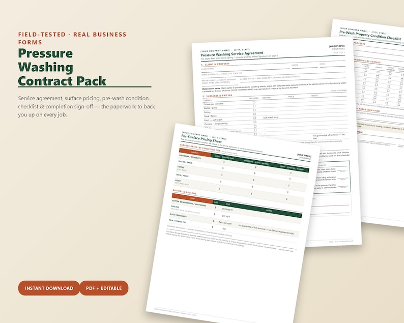 Vorlage für einen Hochdruckreinigungsvertrag, Servicevereinbarung, Kostenvoranschlag & Preisliste, Checkliste für den Zustand, bearbeitbare und druckbare PDF-Datei Bild 1