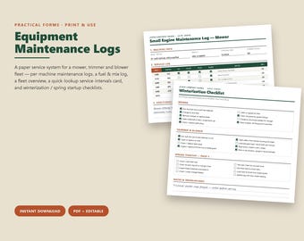 Small Engine Maintenance Log Pack, Service Intervals, Fuel Log (PDF Editable)