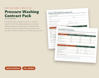 Modello di contratto per lavaggio a pressione, accordo di servizio, foglio di preventivo e prezzi, lista di controllo delle condizioni, PDF modificabile e stampabile