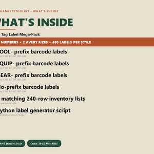 Pode incluir: Um gr&aacute;fico informativo intitulado VICKSGADGETTOOLKIT - WHAT'S INSIDE. Lista um pacote de etiquetas Asset Tag com 240 n&uacute;meros em 2 tamanhos Avery, totalizando 480 etiquetas por estilo. Inclui etiquetas de c&oacute;digo de barras TOOL, EQUIP, GEAR e sem prefixo.