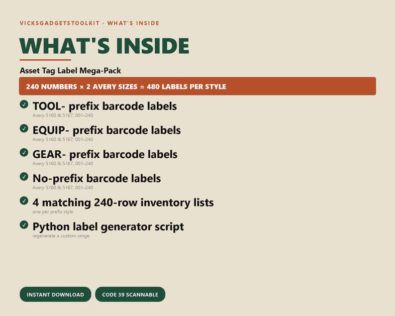 Pode incluir: Um gr&aacute;fico informativo intitulado VICKSGADGETTOOLKIT - WHAT'S INSIDE. Lista um pacote de etiquetas Asset Tag com 240 n&uacute;meros em 2 tamanhos Avery, totalizando 480 etiquetas por estilo. Inclui etiquetas de c&oacute;digo de barras TOOL, EQUIP, GEAR e sem prefixo.