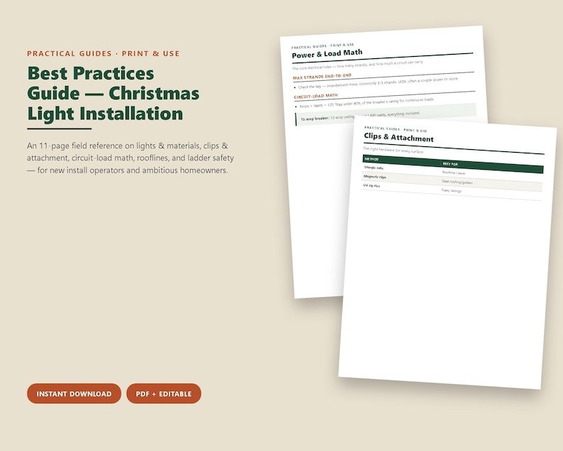 Pode incluir: Um guia digital de 11 p&aacute;ginas intitulado Best Practices Guide &mdash; Christmas Light Installation, incluindo se&ccedil;&otilde;es sobre c&aacute;lculos de pot&ecirc;ncia e clipes de fixa&ccedil;&atilde;o. O documento cont&eacute;m instru&ccedil;&otilde;es t&eacute;cnicas para a instala&ccedil;&atilde;o de luzes.