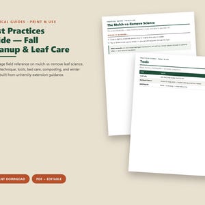 以下が含まれることがあります： Best Practices Guide &mdash; Fall Cleanup & Leaf Careというタイトルの11ページのデジタルフィールドリファレンス。このドキュメントには、マルチング対除去の科学、清掃技術、ツール、花壇の手入れ、堆肥化、冬の準備に関するセクションが含まれており、2ページが表示されています。