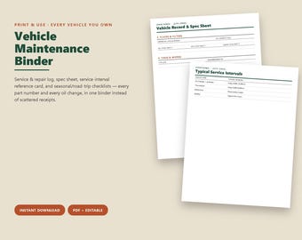 Vehicle Maintenance Binder, Service Log, Spec Sheet, Intervals (PDF Editable)