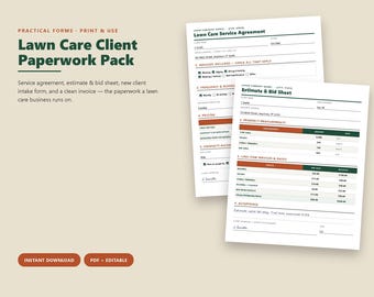 Lawn Care Service Agreement, Estimate, Invoice, Client Forms (PDF + Editable)