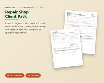 Computer Repair Shop Forms, Appliance Repair Intake Form, Service Ticket Estimate, Data Loss Consent, Editable Printable PDF