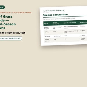 May include: A digital document titled Turf Grass Guide - Cool-Season Lawns, featuring a species comparison table for Kentucky Bluegrass, Tall Fescue, Fine Fescue, and Perennial Ryegrass, detailing shade tolerance, drought tolerance, and germination.