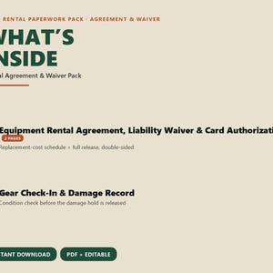 May include: A digital gear rental paperwork pack featuring an agreement and waiver. The text reads: GEAR RENTAL PAPERWORK PACK, WHAT'S INSIDE, Equipment Rental Agreement, Liability Waiver & Card Authorization, 2 PAGES, and Gear Check-In & Damage Record.