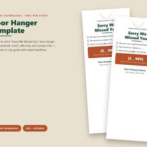 May include: A printable door hanger template featuring the text Sorry We Missed You, a doorknob notch, checkboxes for service details, a rust-colored offer box with the text $ OFF, and placeholders for company name, phone number, and email address.