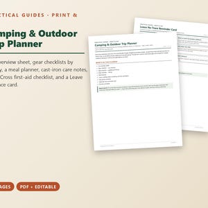 Puede incluir: Un conjunto de documentos Camping & Outdoor Trip Planner que incluye 10 p&aacute;ginas en formatos PDF y editable. Las p&aacute;ginas incluyen una hoja de resumen del viaje, listas de equipo, un planificador de comidas, notas de cuidado de hierro fundido, una lista de primeros auxilios y una tarjeta Leave No Trace.